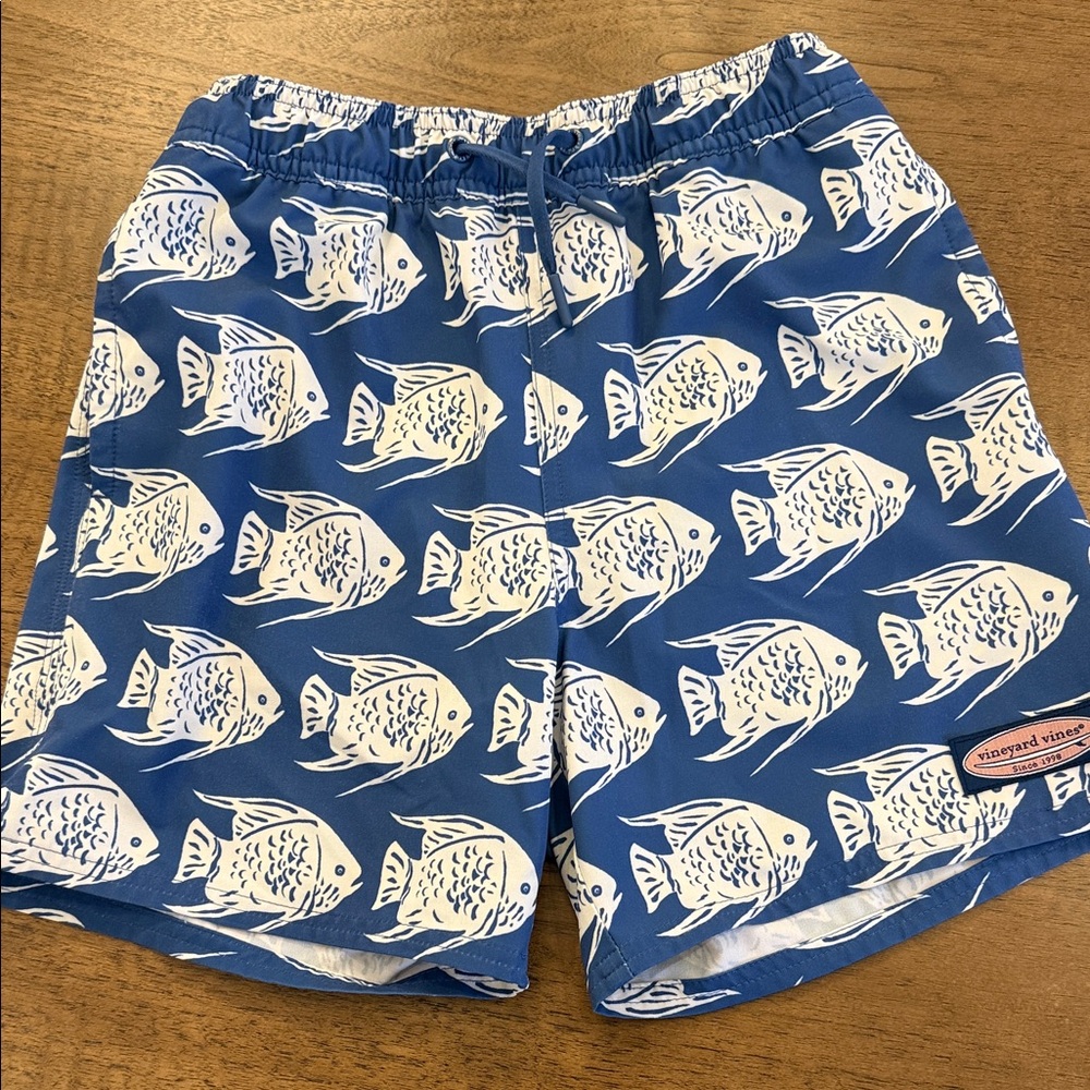 Vineyard Vines Blue Swim Shorts with White Fish Print
